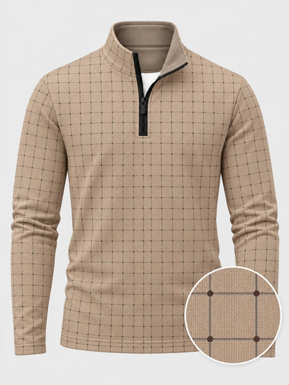 Golf-Pullover aus Funktionsmaterial in Sandbeige mit gepunktetem Fensterkaromuster und Viertelreißverschluss