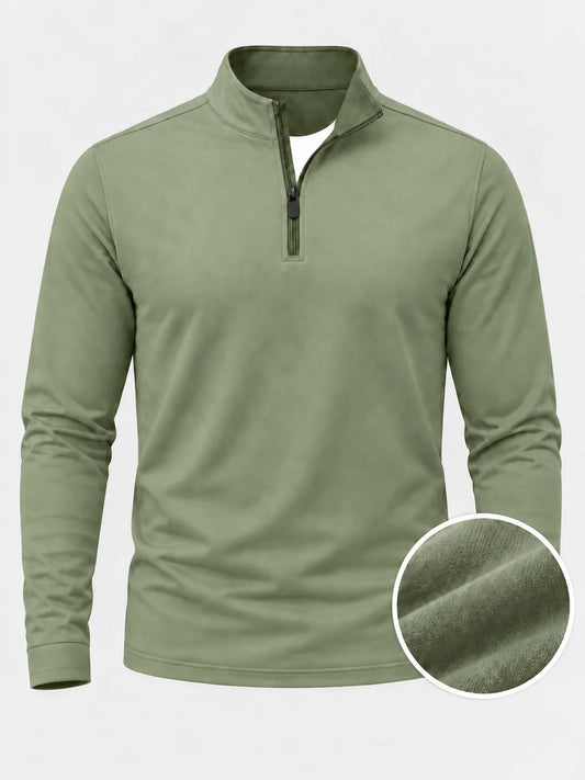 Salbeigrüner Golf-Pullover mit strukturierter Oberfläche und Viertelreißverschluss aus Funktionsmaterial