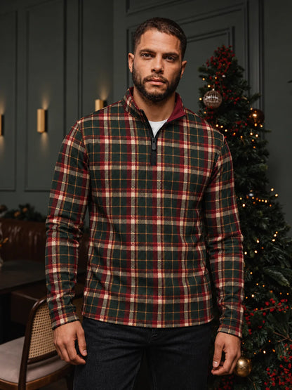 Golfpullover in Tannengrün mit weihnachtlichem Tartanmuster und Viertelreißverschluss