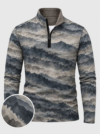 Golf-Pullover aus Funktionsmaterial in Schieferblau mit nebligem Berglandschaftsmotiv und Viertelreißverschluss