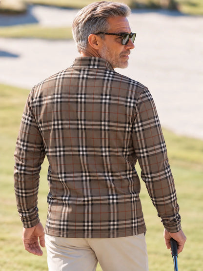 Golf-Pullover mit Karomuster in Taupe, Anthrazit und Rostbraun und Viertelreißverschluss