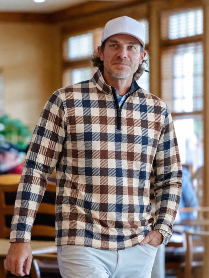 Navyblauer Performance-Quarter-Zip-Pullover mit klassischem Heritage-Karomuster