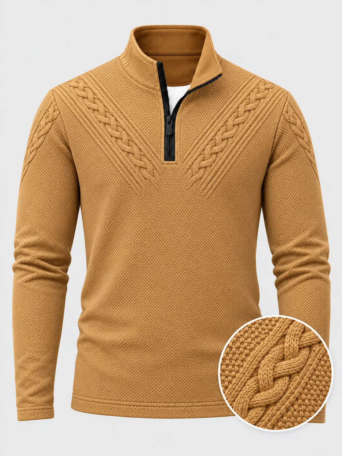 Golf-Pullover mit Viertelreißverschluss und Zopfmuster in Goldbraun- und Kameltönen
