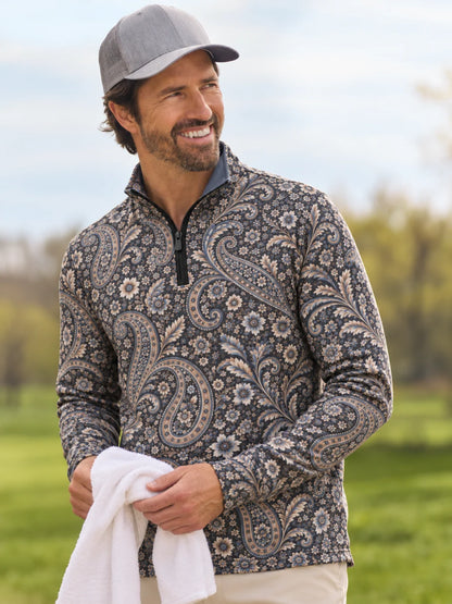 Blauer Golfpullover mit floralem Paisley-Muster, Funktionsmaterial und Viertelreißverschluss