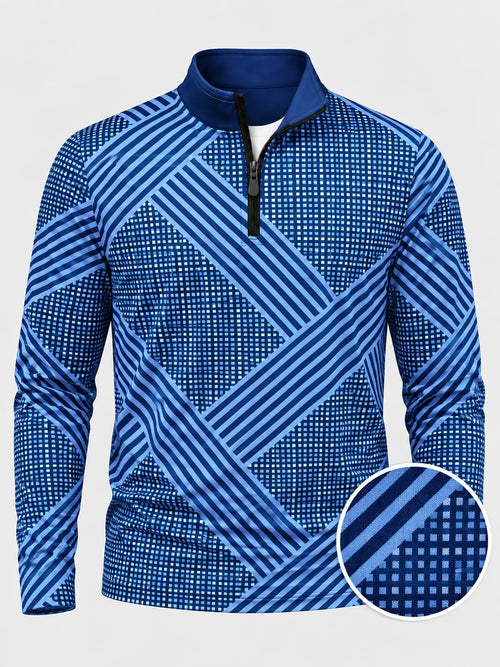 Marineblauer Golf-Pullover mit Gittermuster und diagonalen Streifen, Viertelreißverschluss und Funktionsmaterial