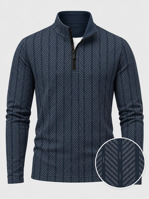 Golfpullover mit Fischgrätmuster in Marineblau, Funktionsmaterial und Viertelreißverschluss