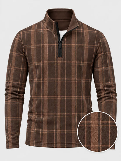 Golf-Pullover aus Funktionsmaterial in Mokkabraun mit mehrlagigem Karomuster und Viertelreißverschluss