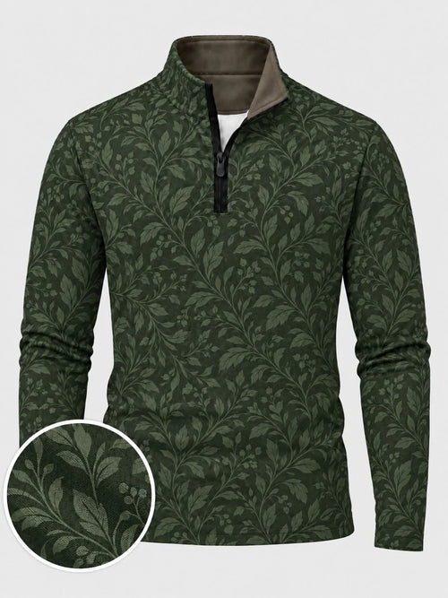 Golfpullover mit botanischem Muster in Dunkelwaldgrün, Funktionsmaterial und Viertelreißverschluss