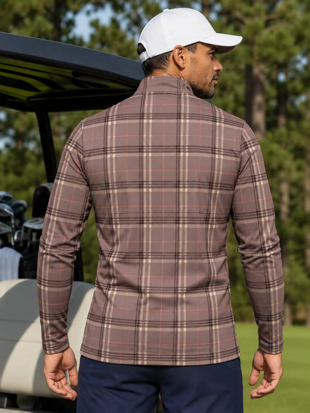 Golf-Pullover in Mauve mit Karomuster und kurzem Reißverschluss
