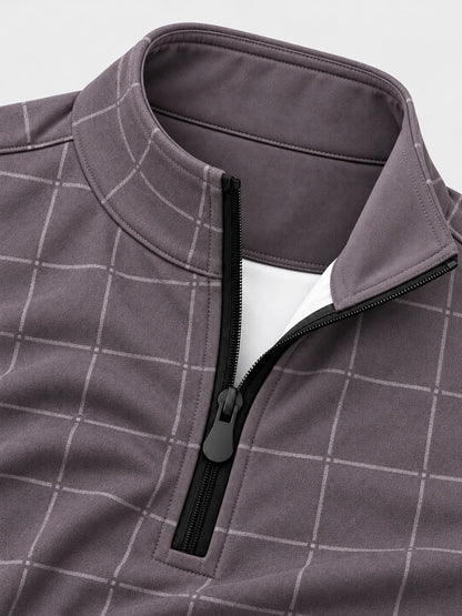 Golf-Pullover aus Funktionsmaterial in gedecktem Mauve mit minimalistischem Fensterkaromuster und Viertelreißverschluss