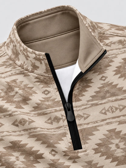 Golf-Pullover aus Funktionsmaterial in Sandbeige mit geometrischem Southwestern-Muster und Viertelreißverschluss
