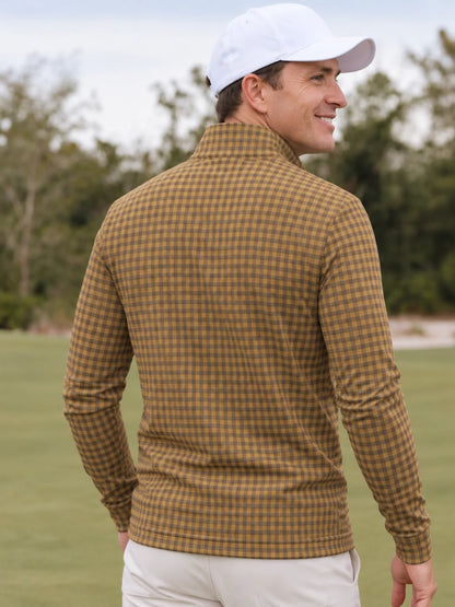 Golf-Pullover aus Funktionsmaterial in Goldsenf mit Vichy-Karomuster und Viertelreißverschluss