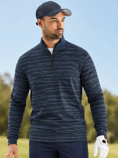 Golf-Pullover mit Viertelreißverschluss und strukturiertem Streifenmuster in Marineblau