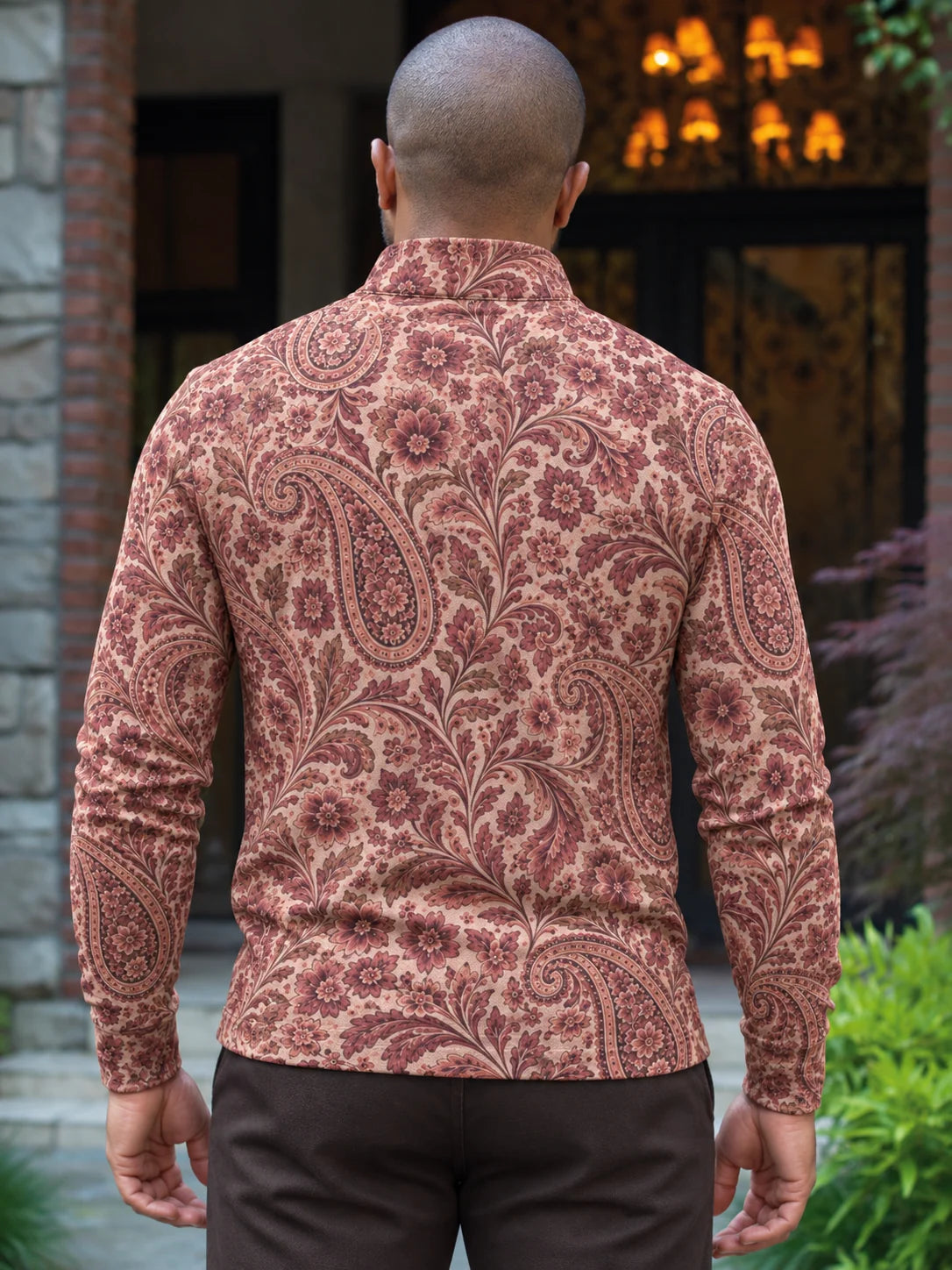 Golfpullover in Altrosa mit floralem Paisley-Muster, Funktionsmaterial und Viertelreißverschluss