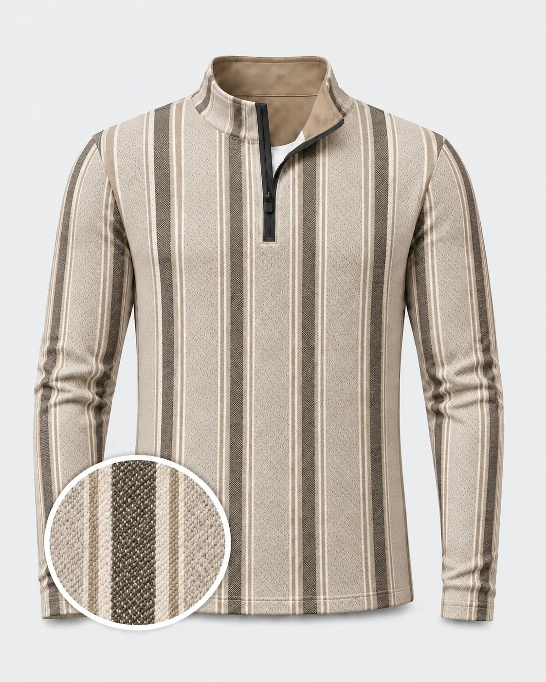 Sandfarbener Quarter-Zip-Pullover mit Streifenmuster
