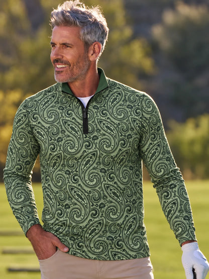 Salbeigrüner Performance-Pullover mit Viertelreißverschluss und Paisley-Muster