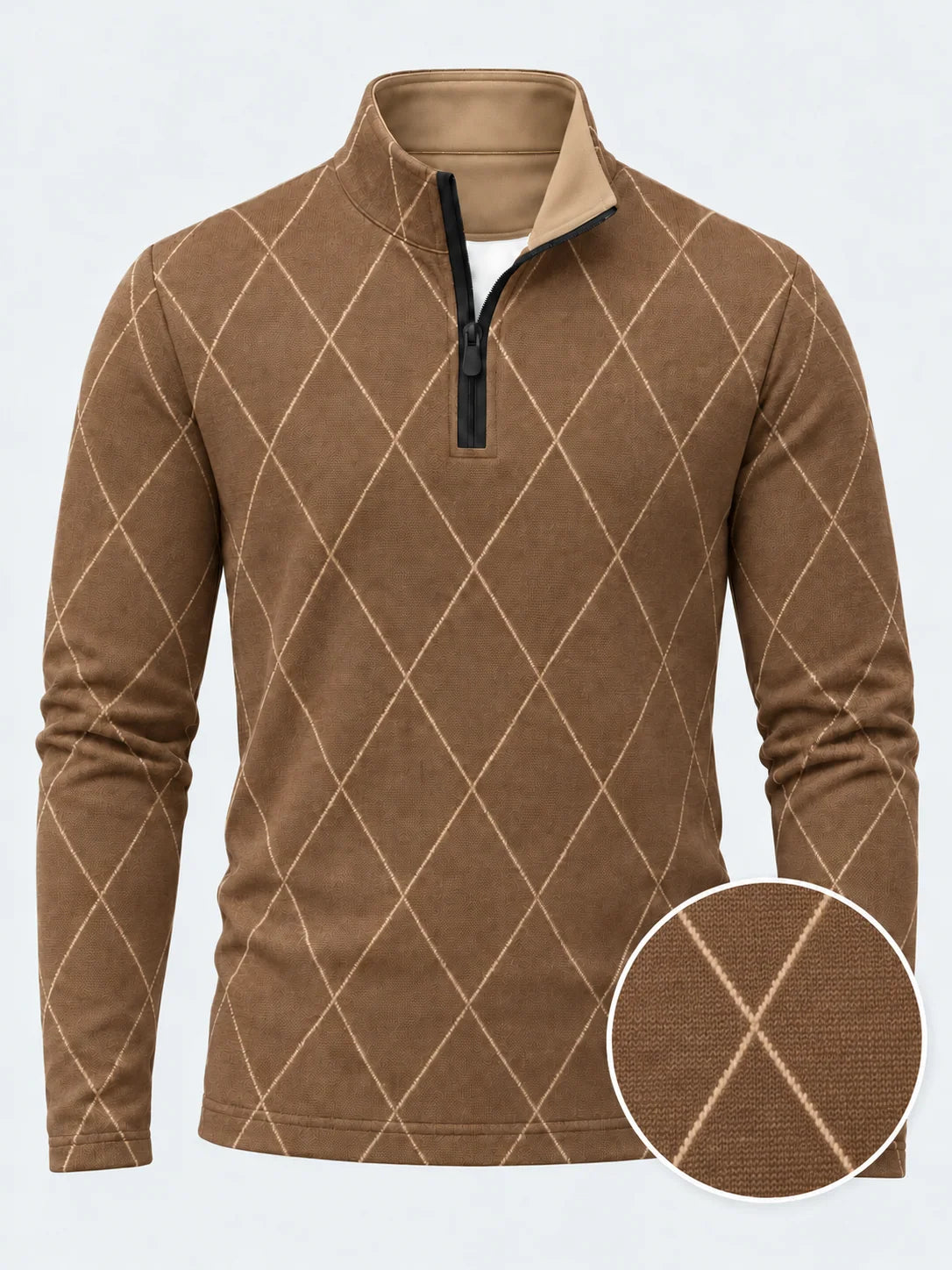 Golfpullover mit Argyle-Rautenmuster in Kamelbraun, Funktionsmaterial und Viertelreißverschluss