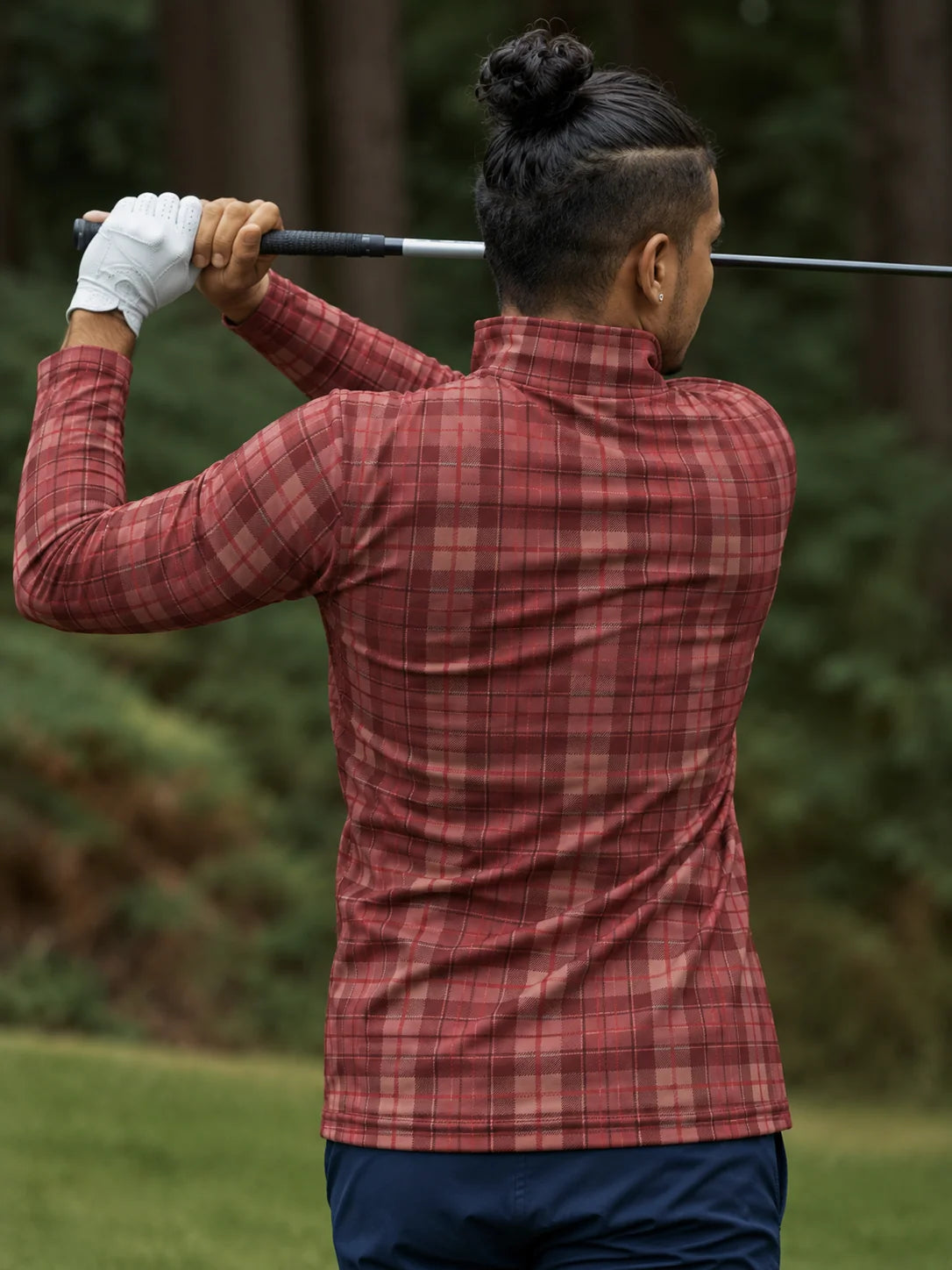 Bordeauxroter Performance-Quarter-Zip-Pullover mit klassischem Heritage-Karomuster
