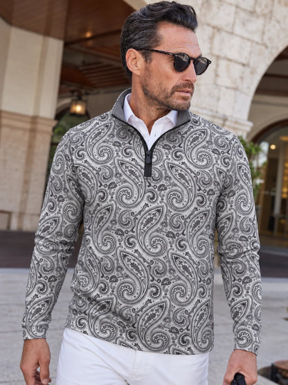 Grauer Performance-Pullover mit Viertelreißverschluss und Paisley-Muster