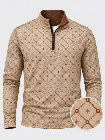 Beigefarbener Performance-Golfpullover mit geometrischem Muster und Viertelreißverschluss