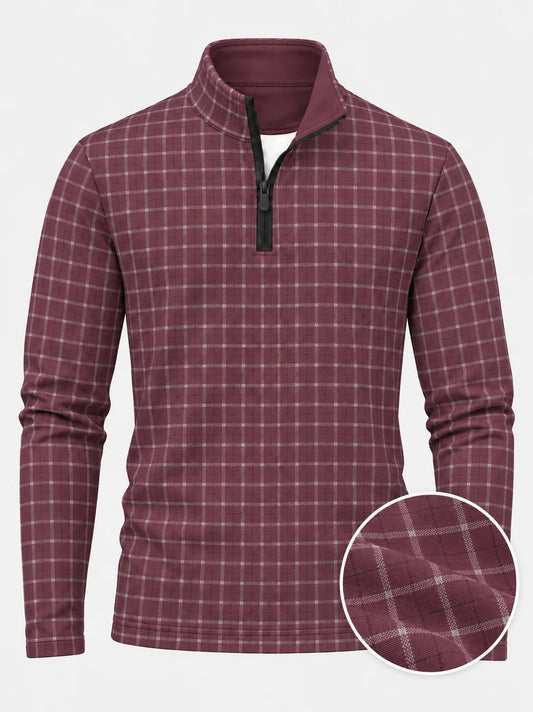 Golf-Pullover aus Funktionsmaterial in Altrosa mit feinem Karomuster und Viertelreißverschluss