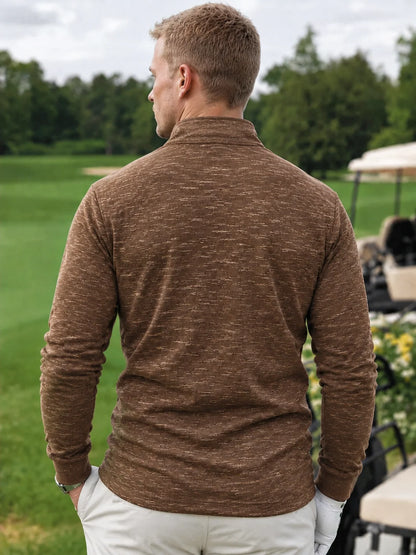 Golf-Pullover mit Viertelreißverschluss und melierter Struktur in Braun