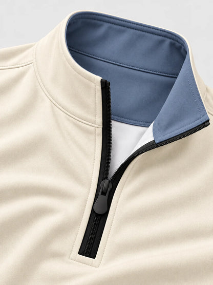 Golf-Pullover aus Funktionsmaterial in Elfenbeincreme mit einfarbigem Design und Viertelreißverschluss