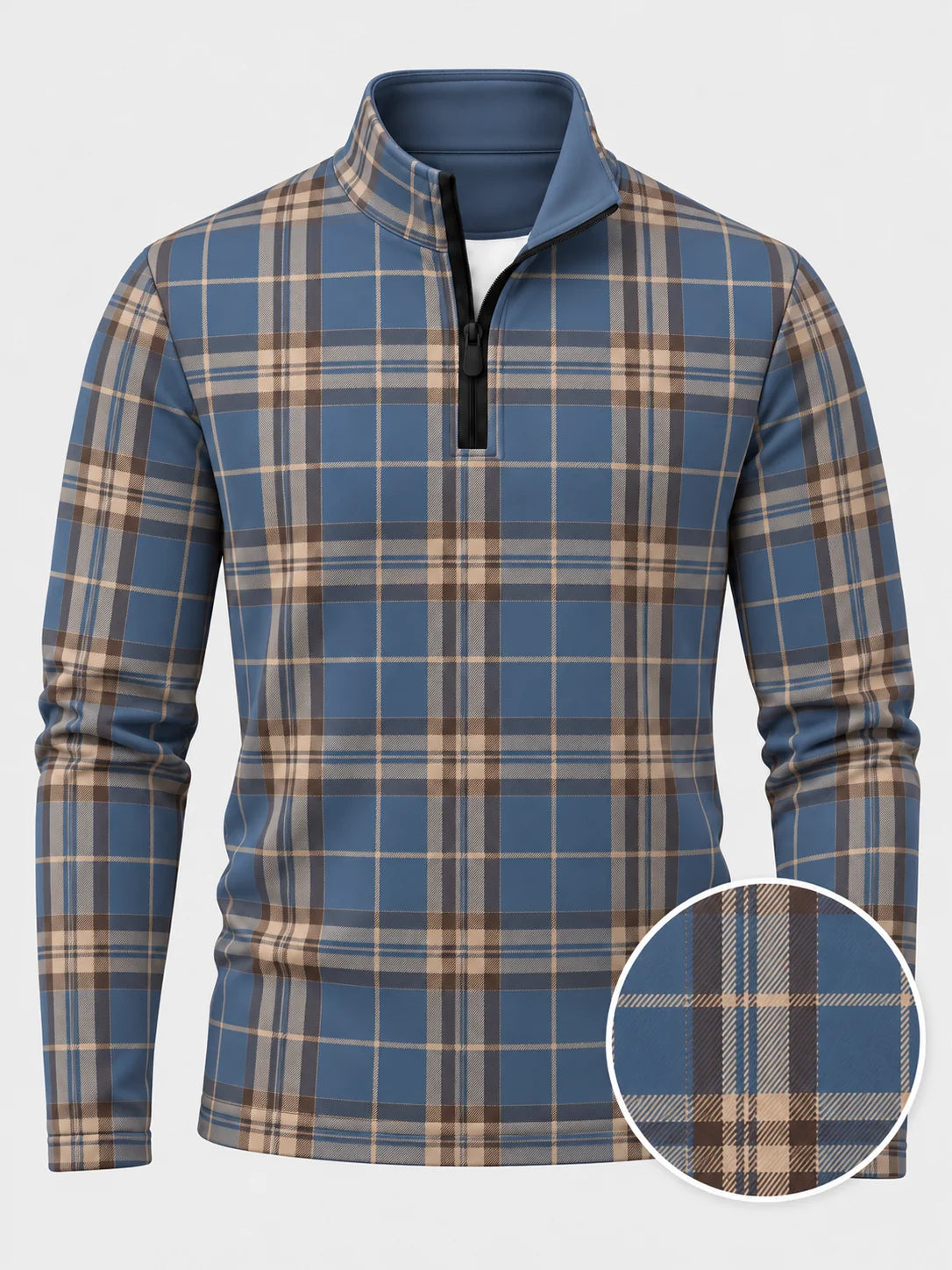 Golf-Pullover in Stahlgrau mit Tartan-Karomuster und kurzem Reißverschluss