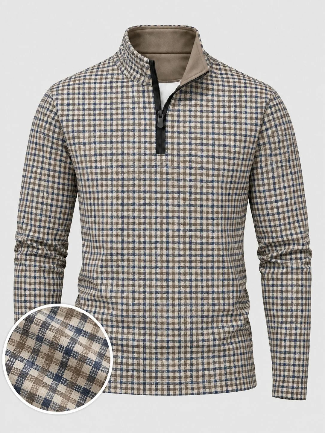 Golf-Pullover aus Funktionsmaterial in Marineblau und Taupe mit feinem Mikrokaromuster und Viertelreißverschluss