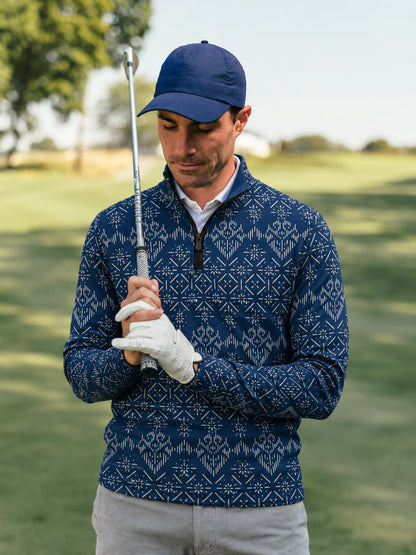Dunkelblauer Performance-Pullover mit geometrischem Muster und kurzem Reißverschluss