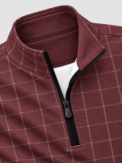 Golf-Pullover aus Funktionsmaterial in Burgunderrot mit gesticktem Fensterkaromuster und Viertelreißverschluss