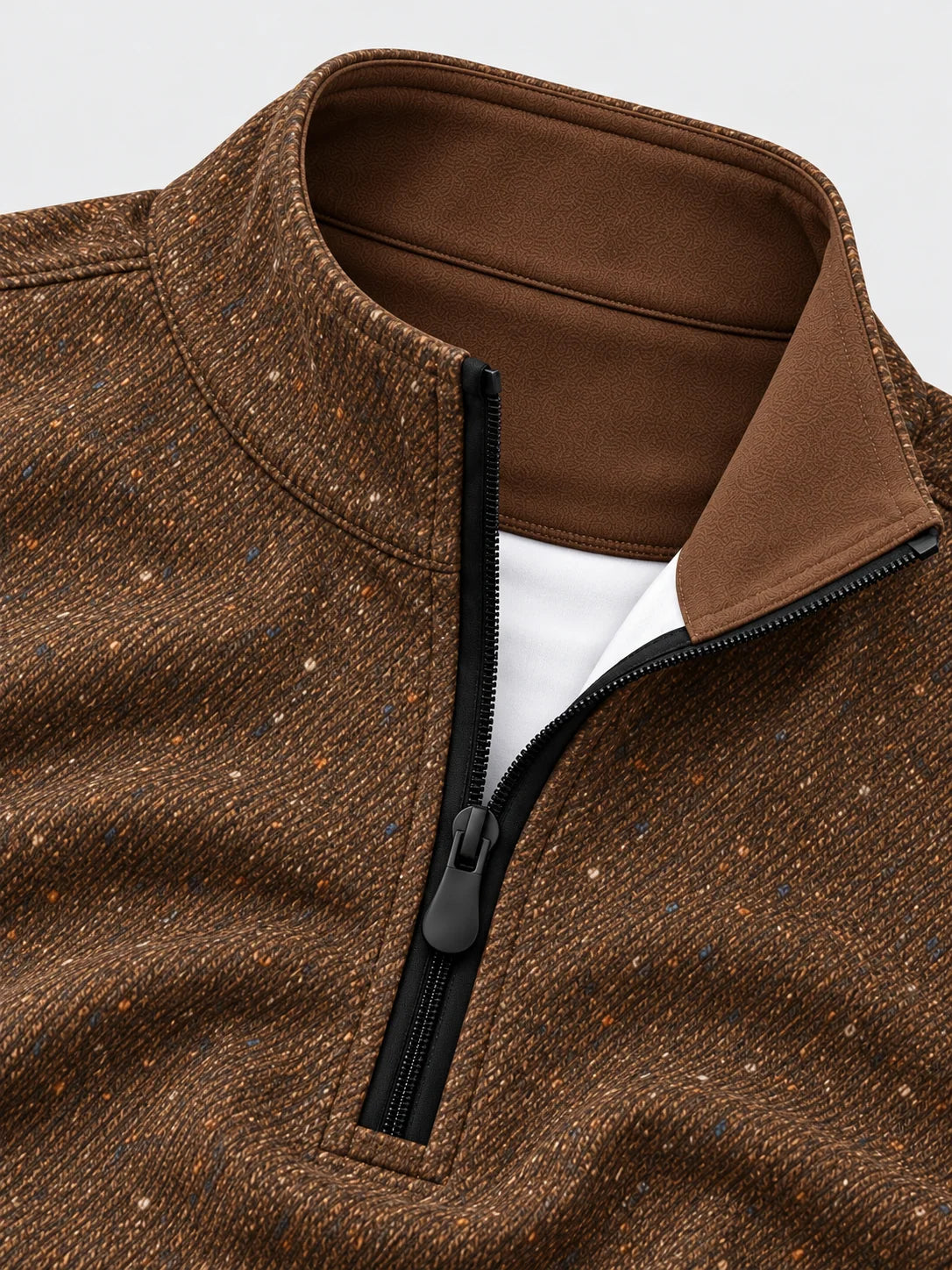 Golf-Pullover mit Viertelreißverschluss und Tweedmuster in Tabakbraun