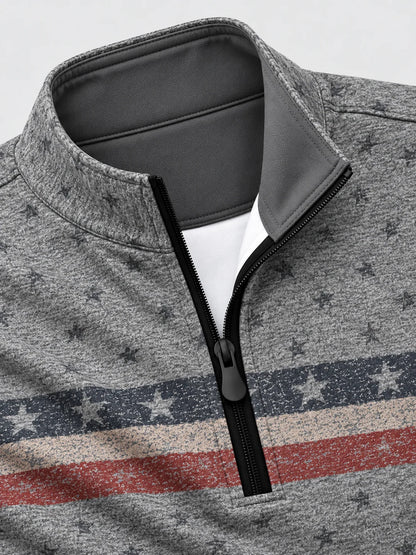 Grauer Golfpullover für Herren mit Sternen- und Streifenmuster und Viertelreißverschluss