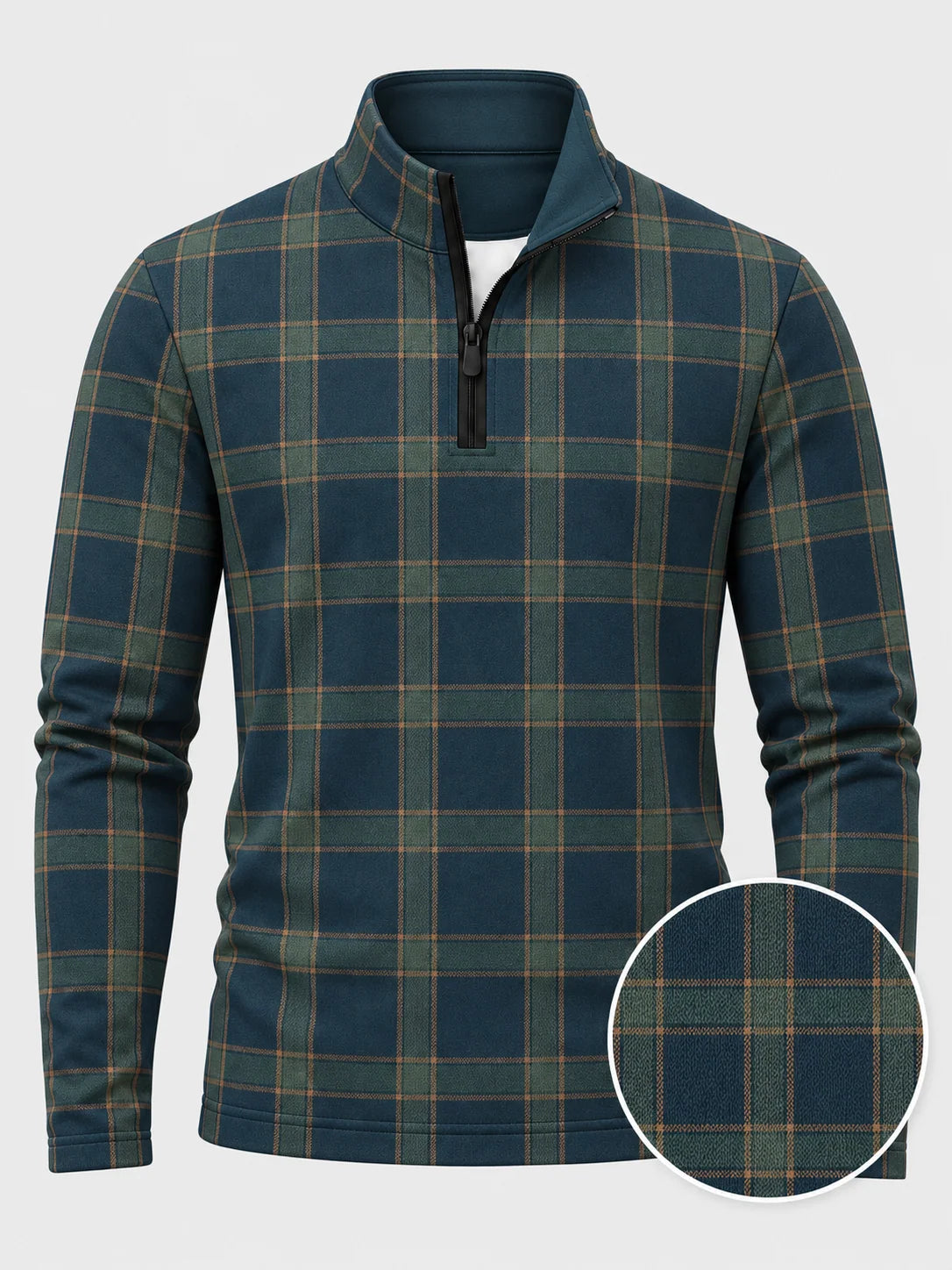 Golf-Pullover aus Funktionsmaterial in tiefem Blaugrün mit klassischem Heritage-Karomuster und Viertelreißverschluss