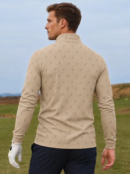 Performance-Golfpullover in Elfenbeinbeige mit feinem Strichmuster und Viertelreißverschluss