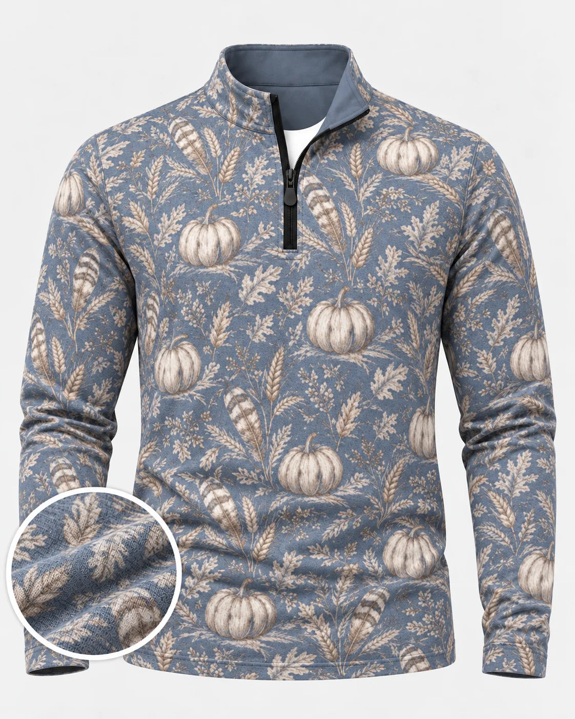 Staubblauer Golfpullover aus Funktionsmaterial mit Kürbismotiv und kurzem Reißverschluss