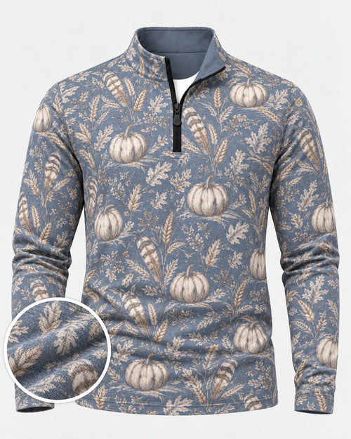 Staubblauer Golfpullover aus Funktionsmaterial mit Kürbismotiv und kurzem Reißverschluss