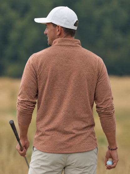 Golf-Pullover in Tonbraun-Melange mit Viertelreißverschluss aus Funktionsmaterial