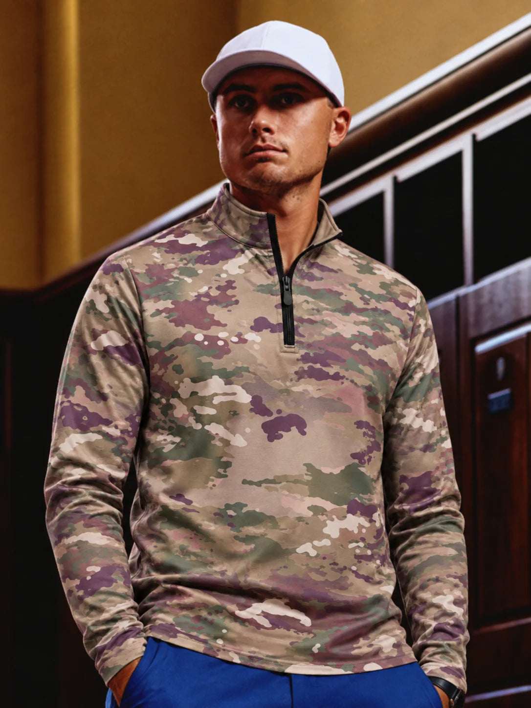 Vintage-Camouflage-Performance-Pullover mit kurzem Reißverschluss
