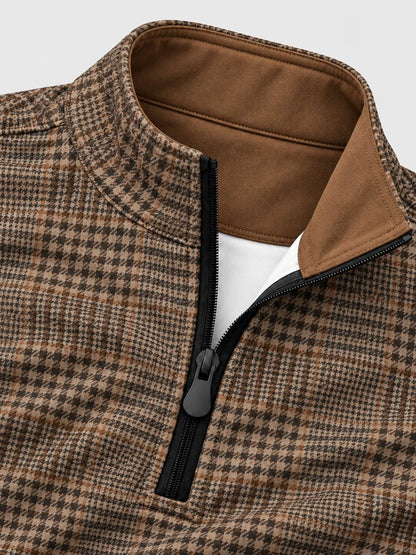 Golf-Pullover aus Funktionsmaterial in Kamelbraun mit Hahnentritt-Karomuster und Viertelreißverschluss