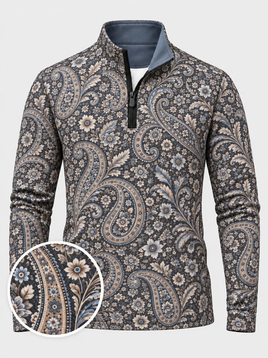 Blauer Golfpullover mit floralem Paisley-Muster, Funktionsmaterial und Viertelreißverschluss
