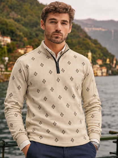 Performance Quarter-Zip-Pullover mit Rautenmuster in Elfenbeinweiß