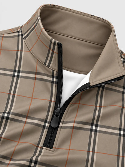 Golf-Pullover in Steingrau mit Karomuster und kurzem Reißverschluss