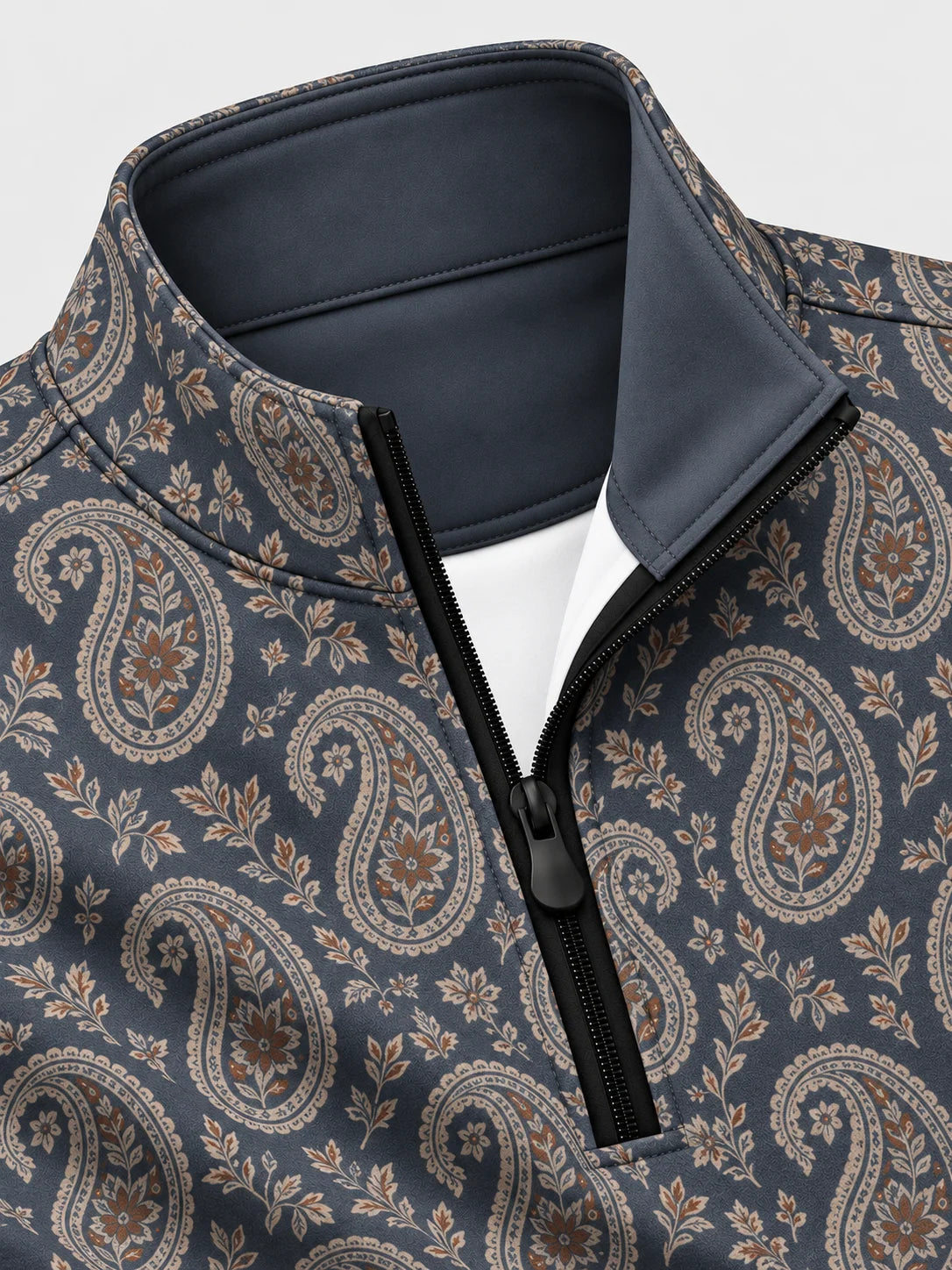 Performance-Pullover in Schieferblau mit floralem Paisley-Muster und kurzem Reißverschluss