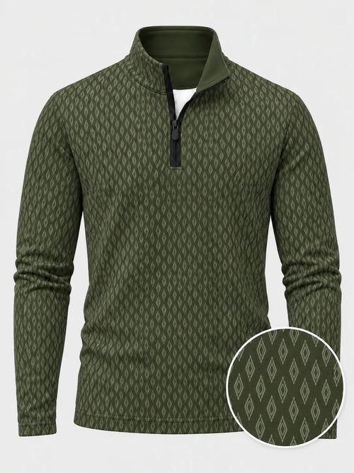 Performance-Pullover mit Viertelreißverschluss und Rautenmuster in Olivgrün