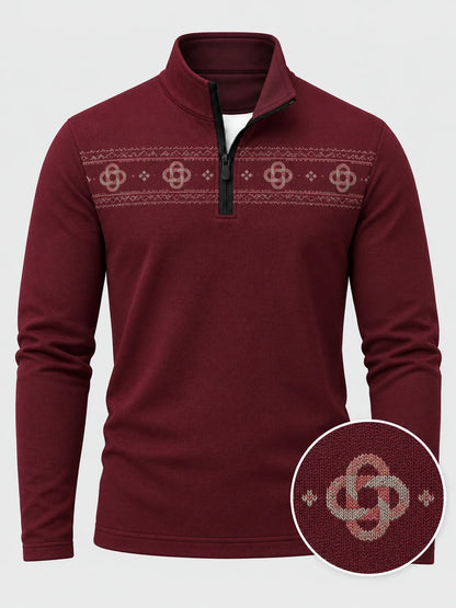 Burgunderroter Performance-Pullover mit keltischem Knotenmuster und Viertelreißverschluss