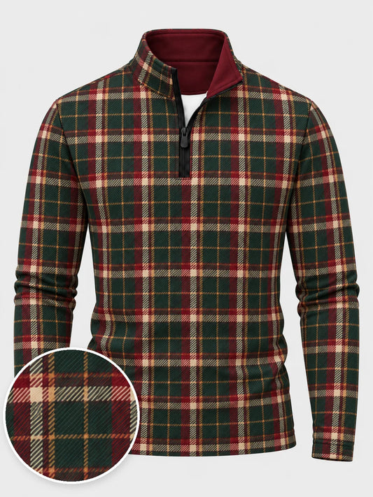 Golfpullover in Tannengrün mit weihnachtlichem Tartanmuster und Viertelreißverschluss