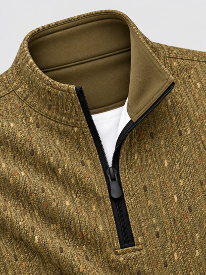 Golf-Pullover mit Viertelreißverschluss und Donegal-Tweed-Muster in Olivgrün und Gold
