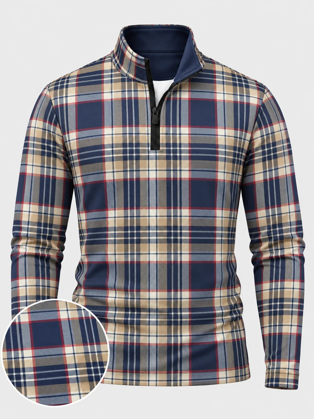 Golfpullover in Camel und Tintenschwarz mit Tartanmuster und Viertelreißverschluss