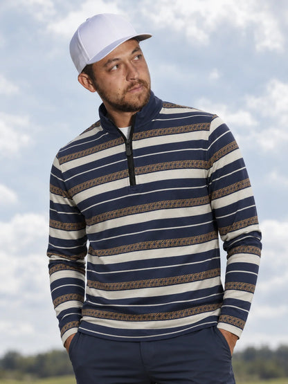 Marineblauer Golf-Pullover mit elfenbeinfarbenem und goldenem Streifenmuster und Viertelreißverschluss aus Funktionsmaterial